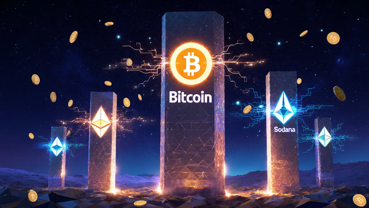 Bitcoin blockchain tower with slower pulses, surrounded by faster-moving altcoin towers in a digital landscape.
