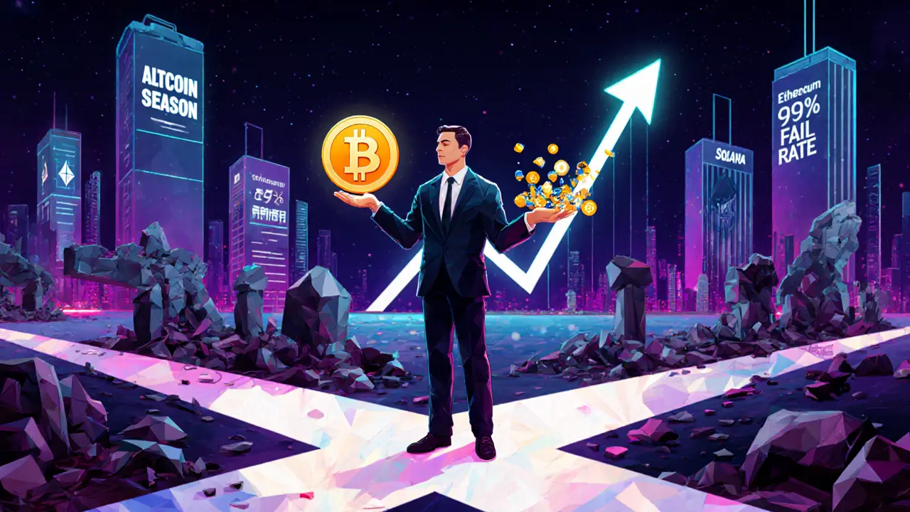 Investor at a crossroads holding Bitcoin and altcoins, with a rising graph and towering crypto projects in the background.