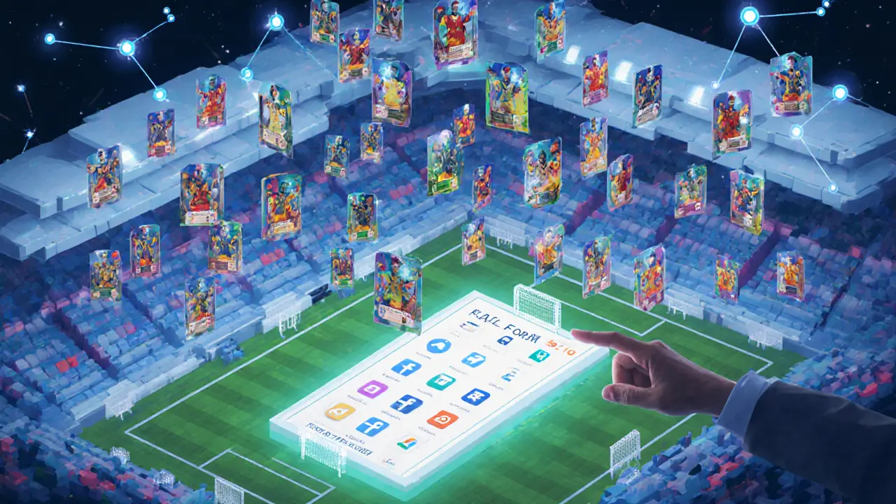 10,000 floating NFT cards above a low poly football stadium in a blockchain metaverse.