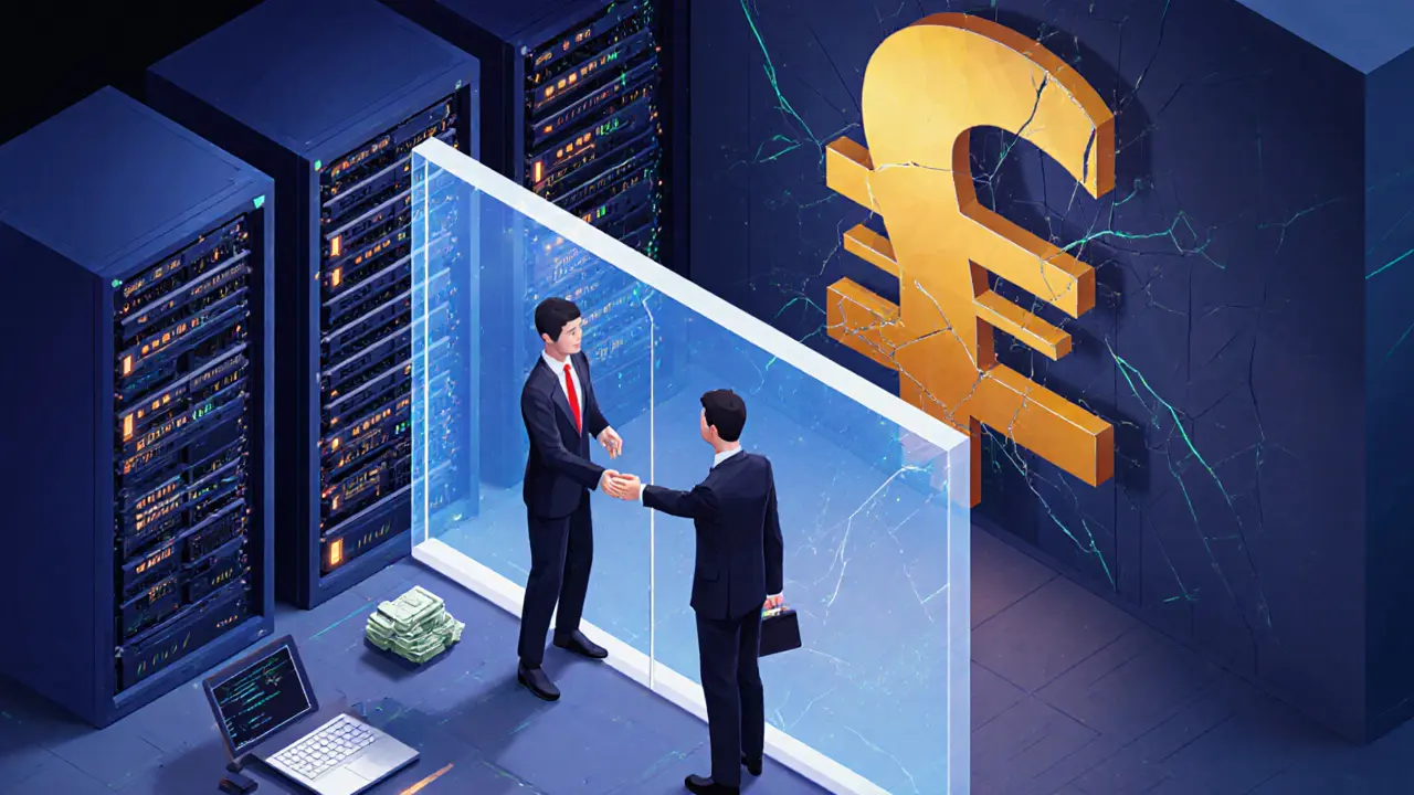 A clandestine crypto exchange between mainland China and Hong Kong, with cash and digital assets passing through a glass barrier.