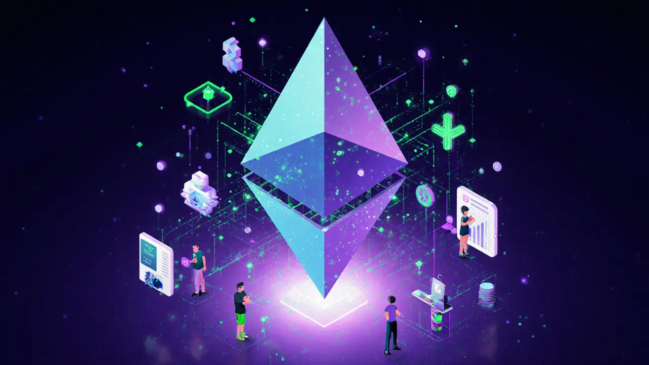 A crystalline Ethereum tower with glowing data streams and user avatars interacting with DeFi apps.