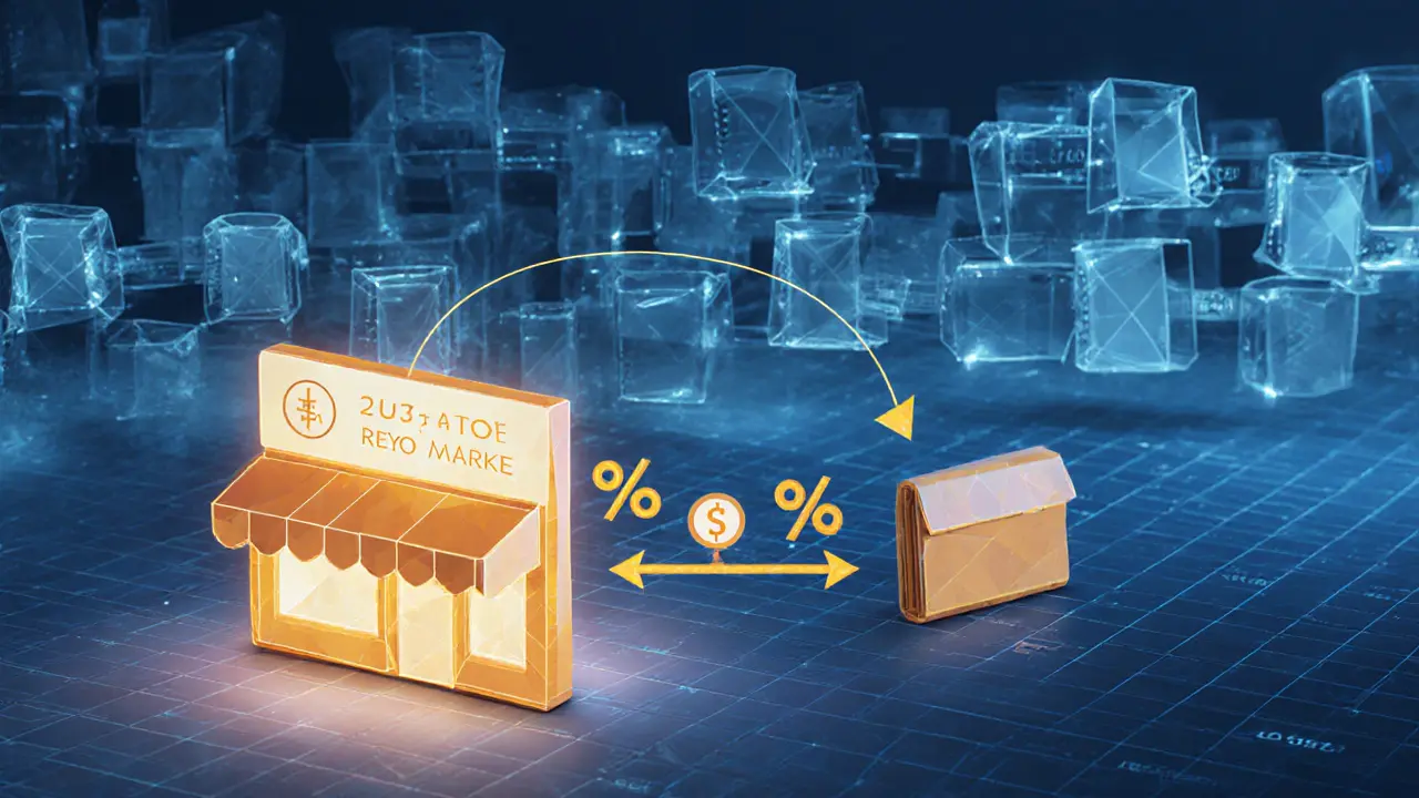 Animated arrows showing royalty payment from a marketplace to creator and seller wallets in low poly style.
