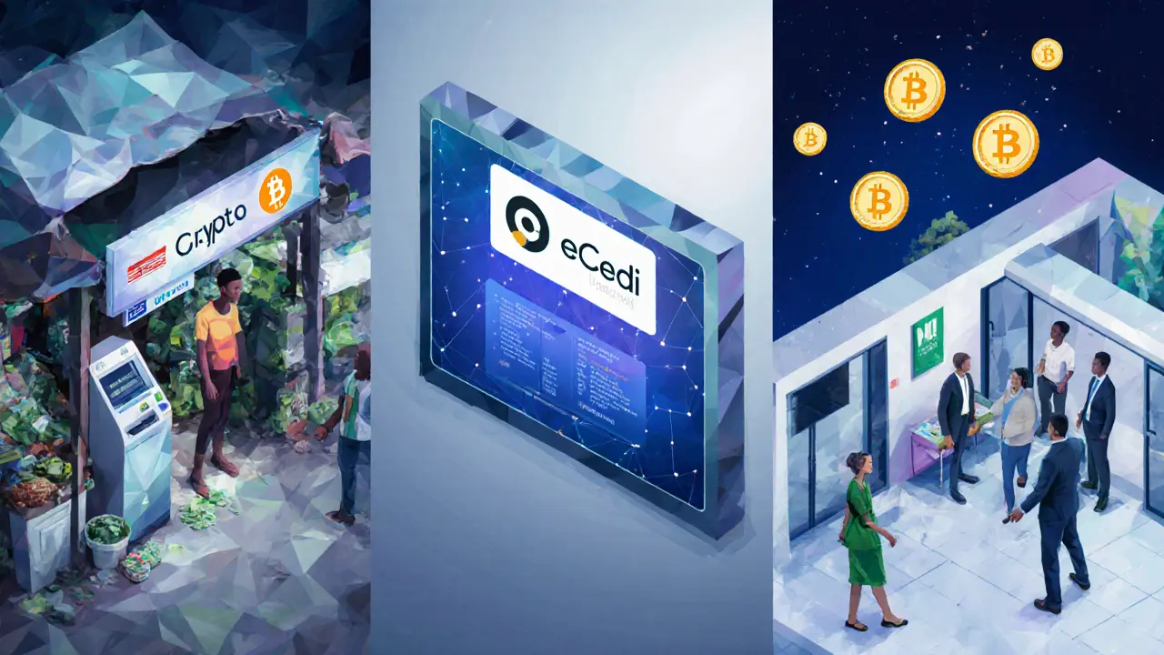 Collage of crypto‑cash, e‑Cedi, and tokenized micro‑loan pilots in Africa.