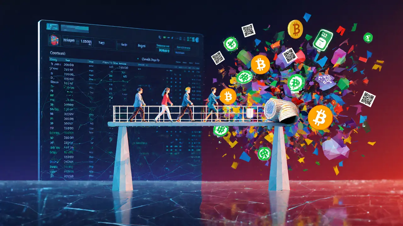 Contrasting digital yuan control system against a chaotic underground crypto market, connected by fragile digital bridges.