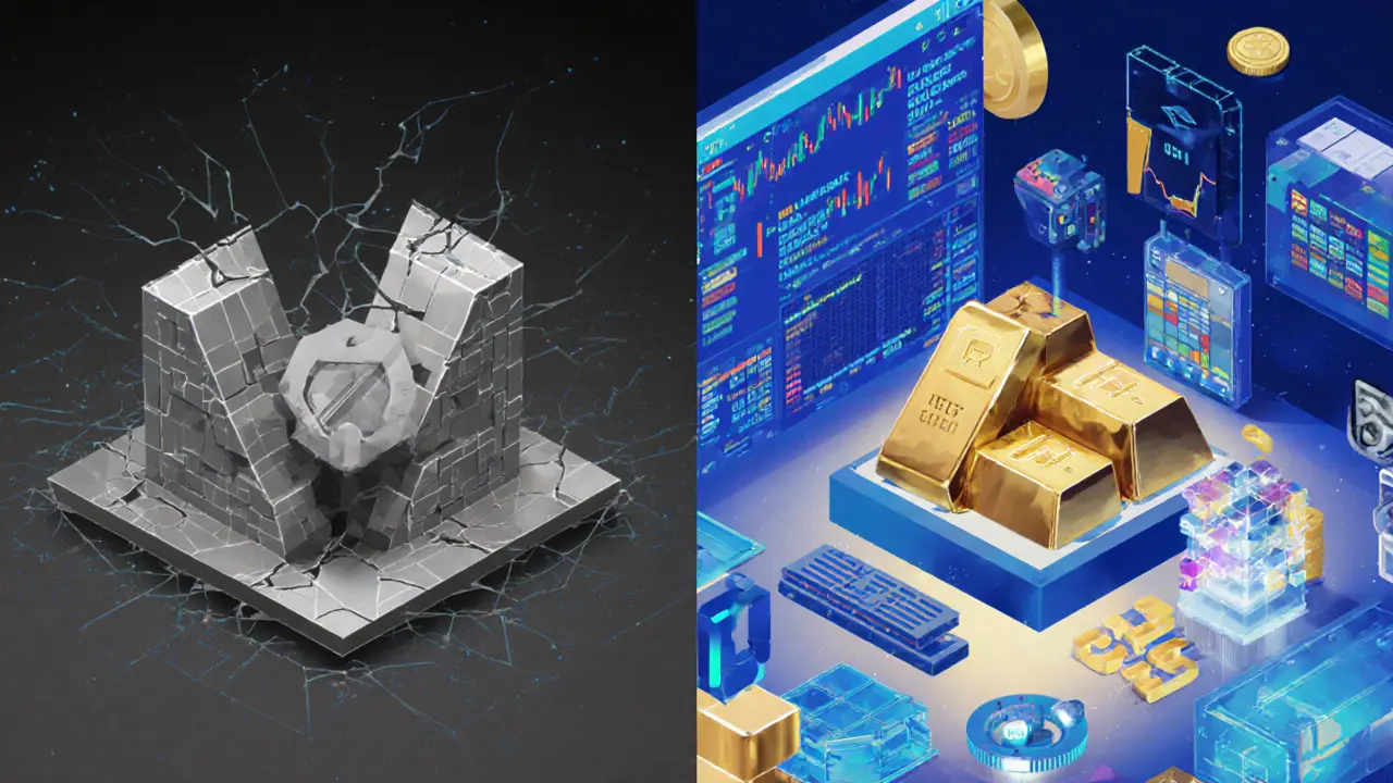 Contrasting low-poly scenes: dead PlatinumBAR network vs. thriving PAX Gold system.