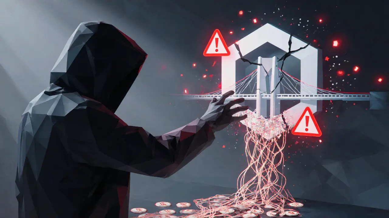 Dark figure exploiting a broken bridge contract, leaking crypto tokens in red alerts.
