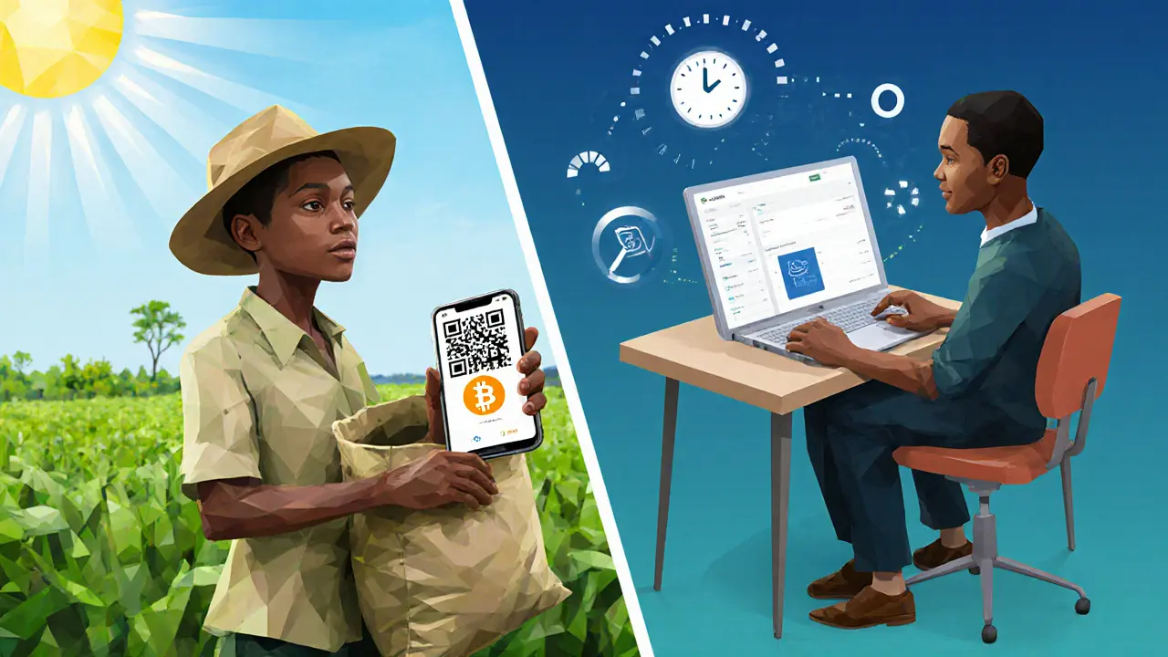 Farmer pays for fertilizer with Bitcoin QR code; entrepreneur uses stablecoin for overseas payment.