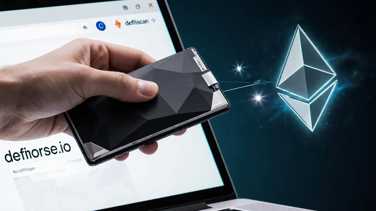 Hand holding a hardware wallet near a safe airdrop claim portal and Etherscan icon.