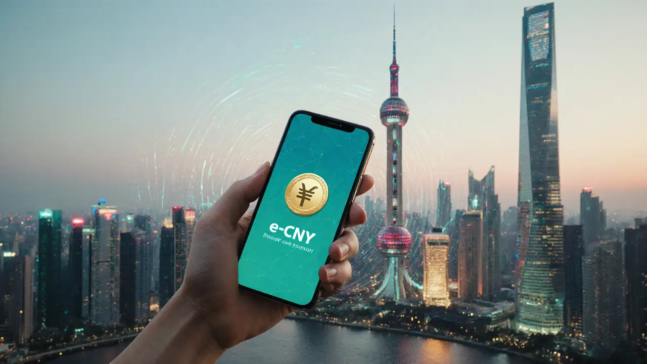 Hand holding a smartphone showing the digital yuan app in a futuristic Shanghai skyline.
