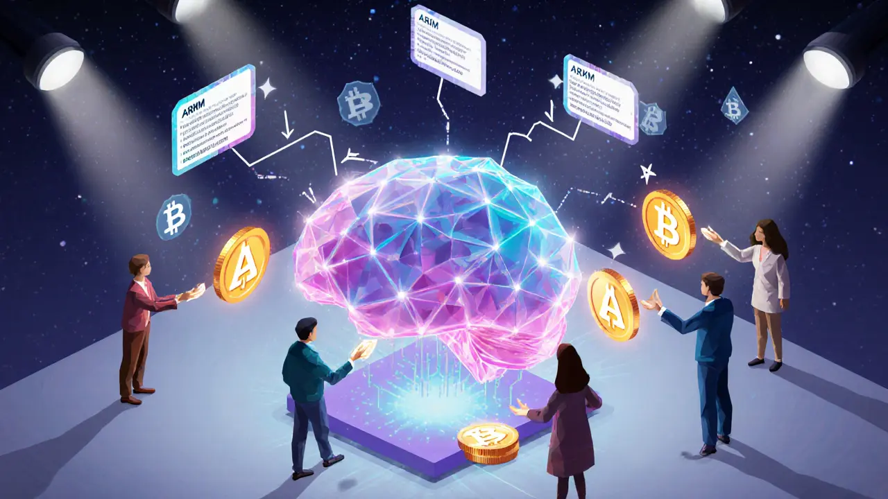 Low‑poly AI brain and holographic address labels exchanging glowing ARKM tokens.