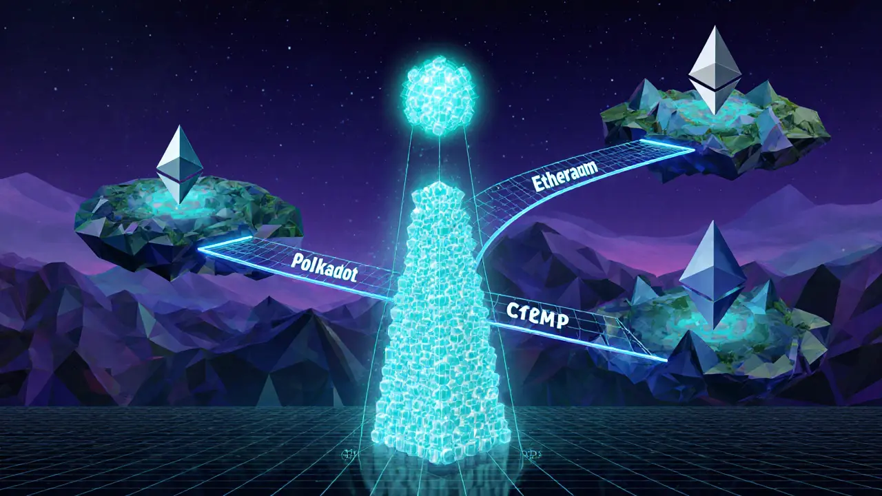 Low‑poly blockchain islands linked by glowing bridges with a ZK‑rollup tower.