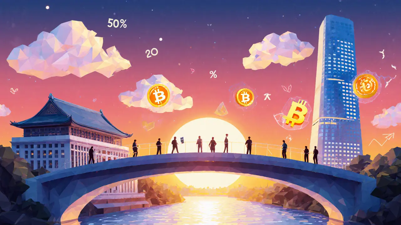 Low‑poly bridge linking stock exchange to crypto‑ETF tower with tax reform symbols.