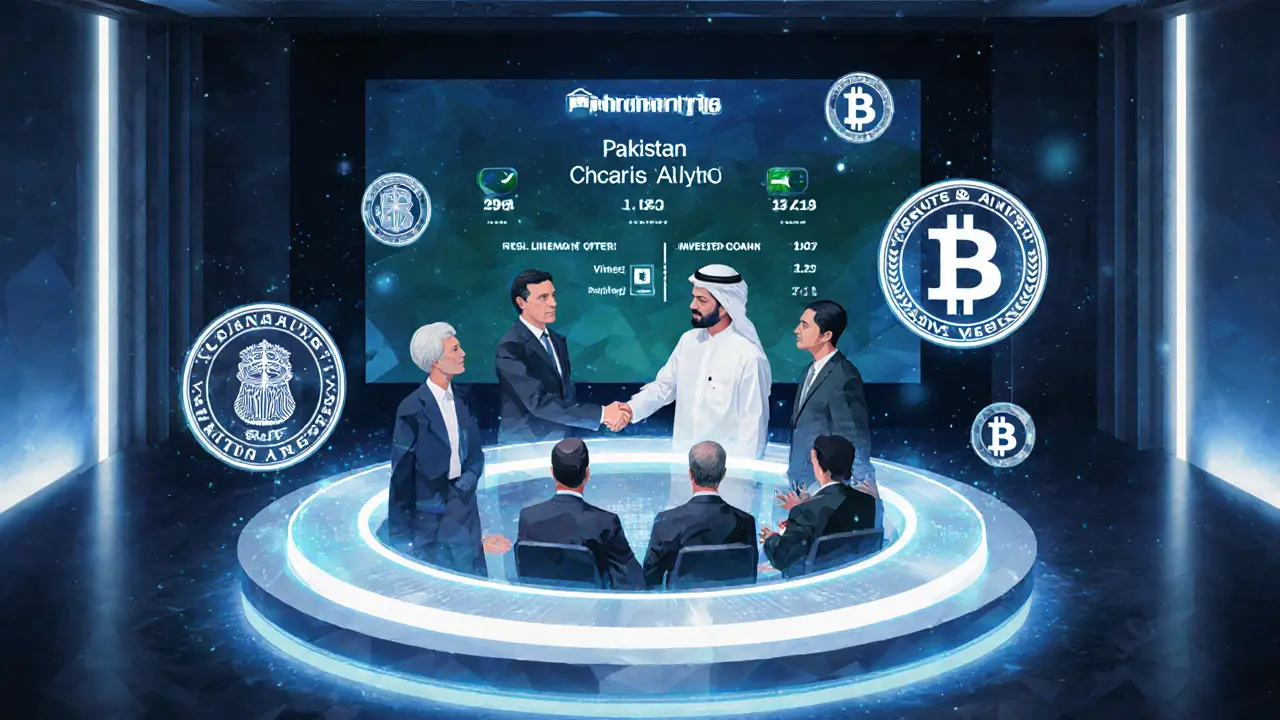 Low‑poly conference showing Pakistani officials and foreign investors discussing crypto regulation.