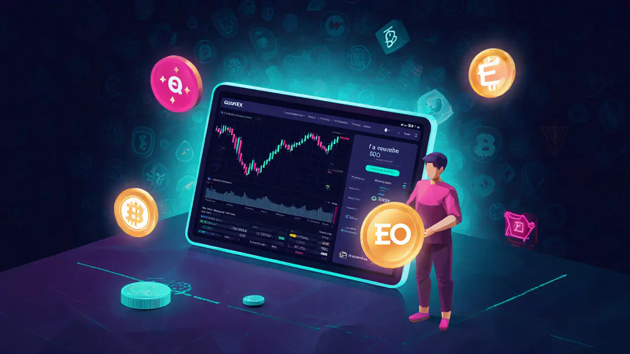Low poly dashboard showing EQONEX charts, futures, EQO token benefits, and bots.