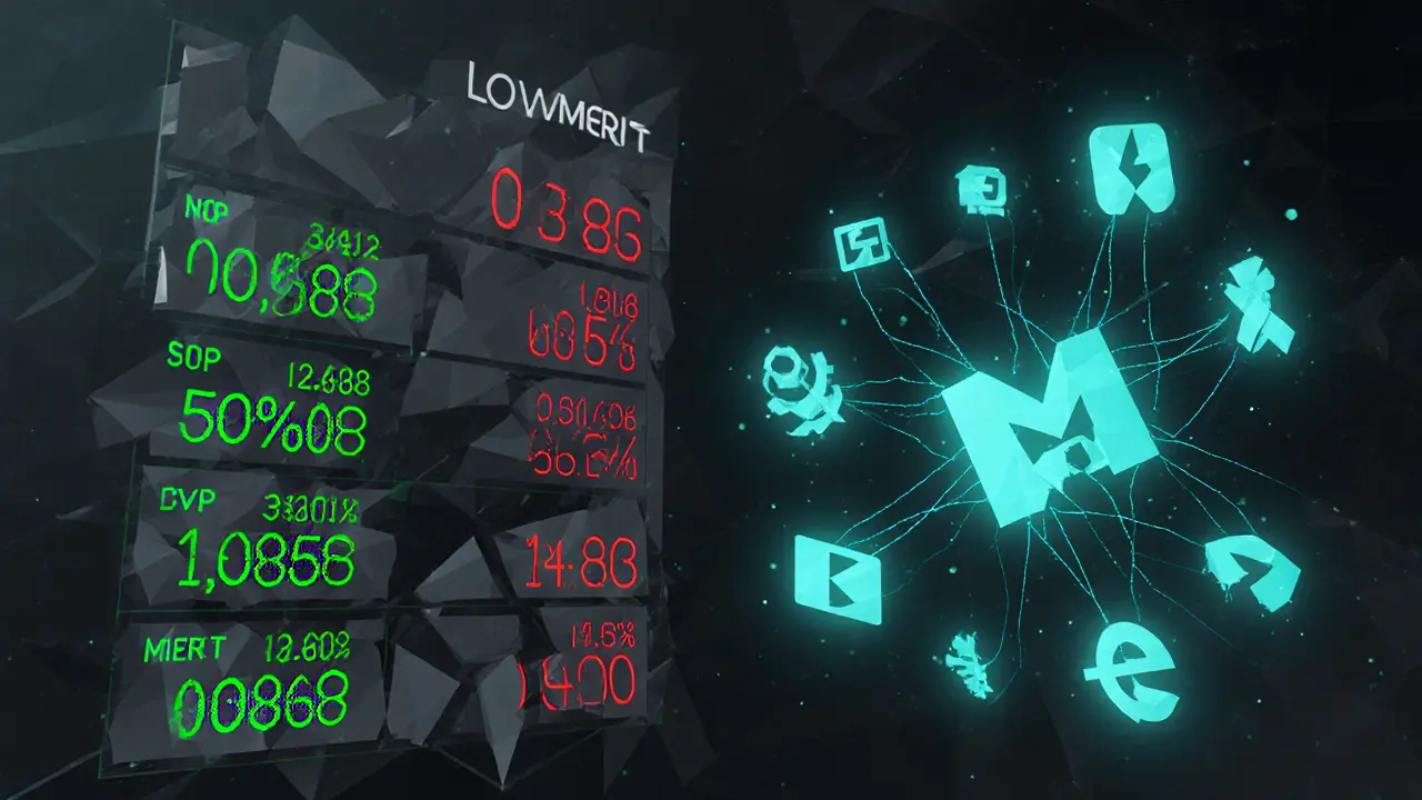 Low poly data fragments and exchange icons showing mismatched crypto numbers.