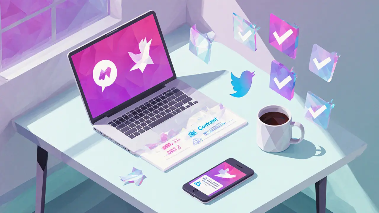 Low poly desk with laptop, phone showing Telegram and Twitter icons, and safety checklist markers.