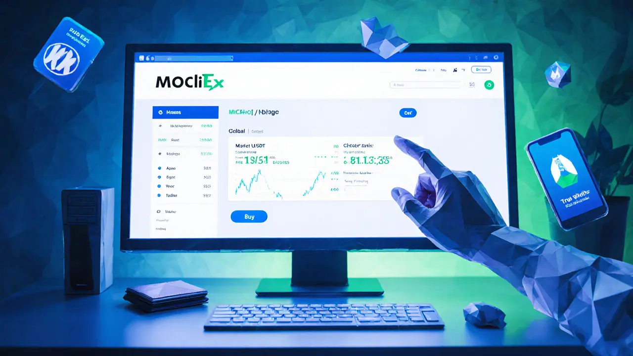 Low‑poly desktop scene of buying MOCHI on CoinEx with KYC badge.