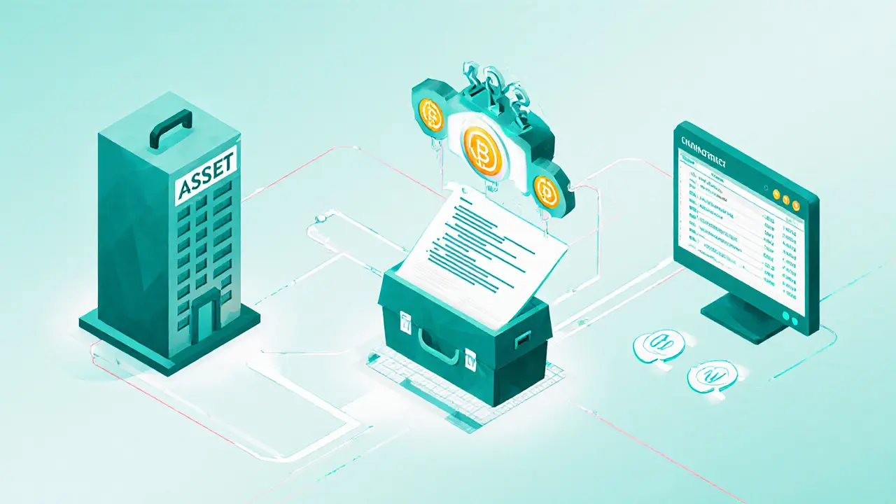 Low poly diagram of tokenization steps: asset, SPV, smart contract, oracle, marketplace.