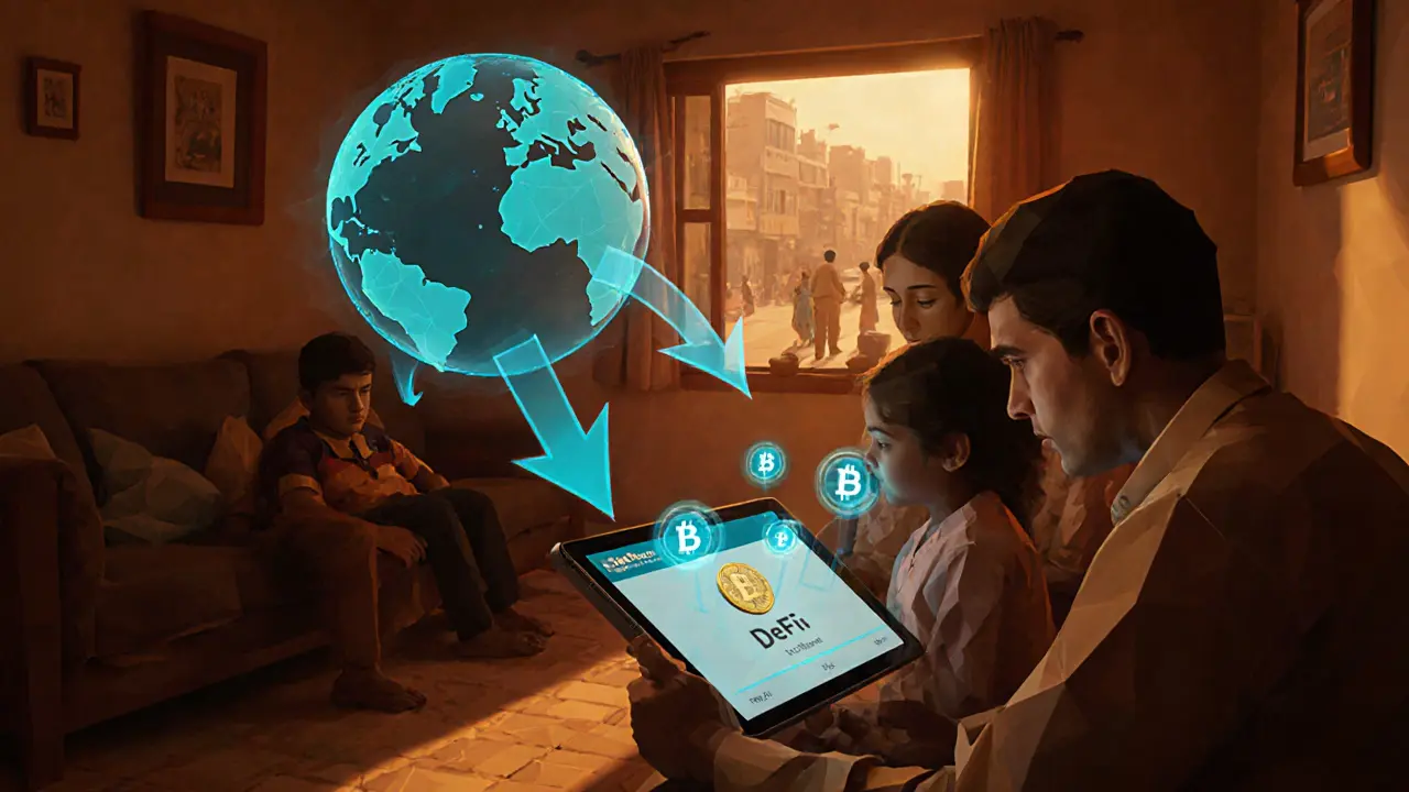 Low‑poly family using a tablet for stablecoin remittances and DeFi.