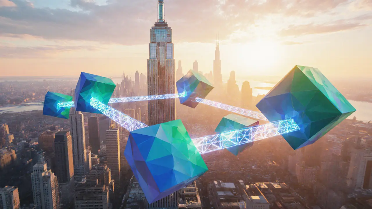 Low poly futuristic blocks linked by bridges showing interoperable contracts.