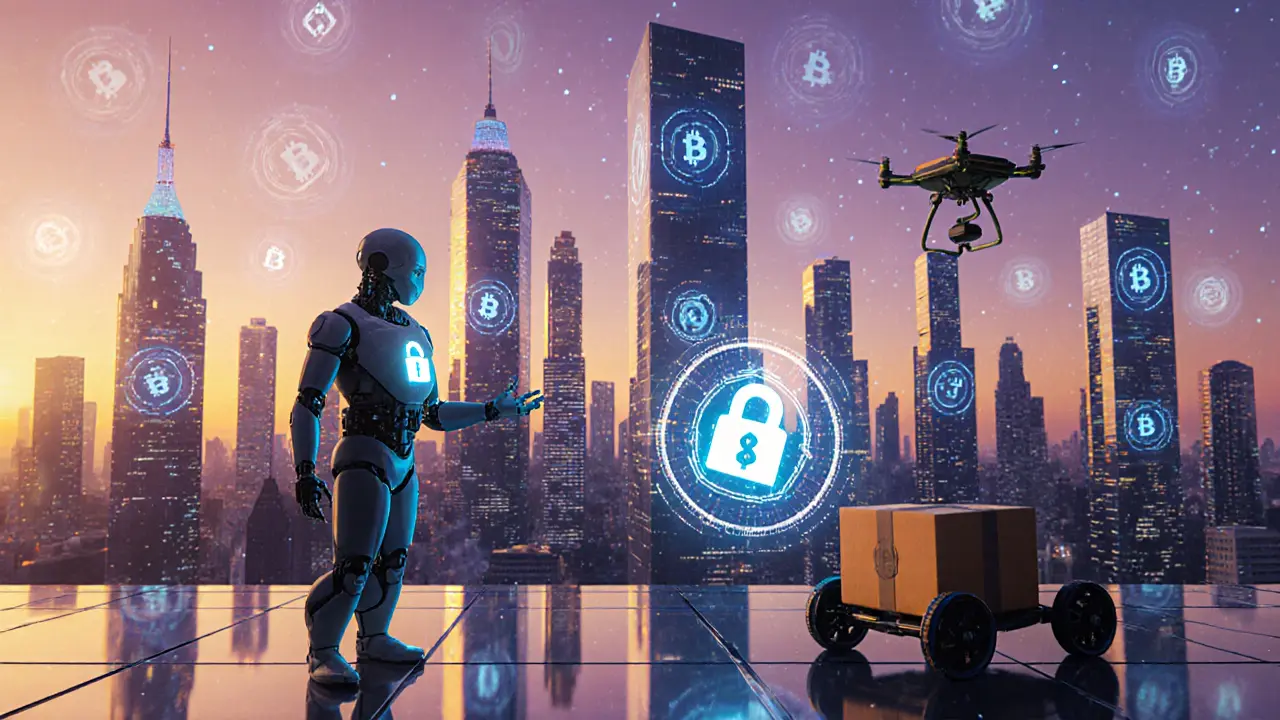 Low‑poly futuristic city with AI agent, digital identity badge, and supply‑chain drone.