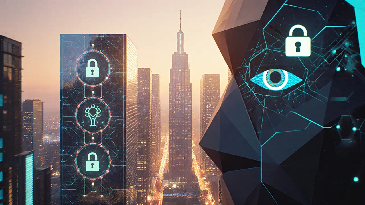 Low‑poly futuristic city with blockchain towers, AI eye, and paths for regulated and sovereign privacy.