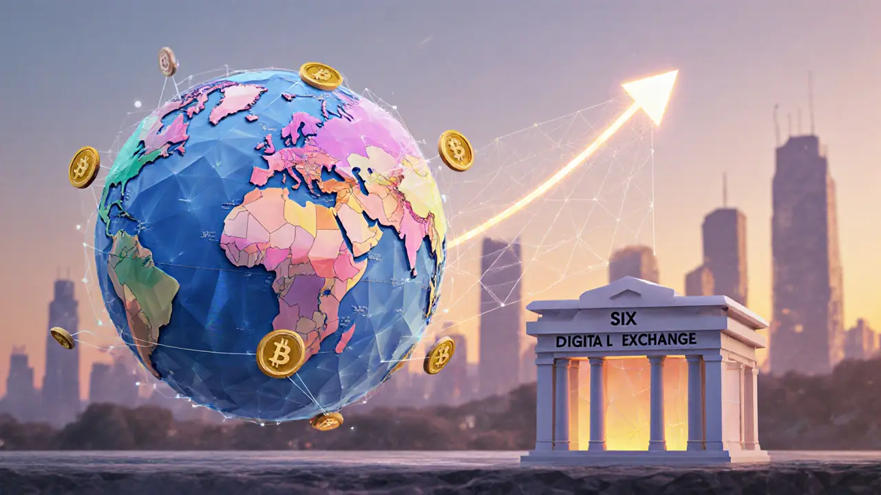 Low poly globe showing token-friendly regions and a futuristic exchange.