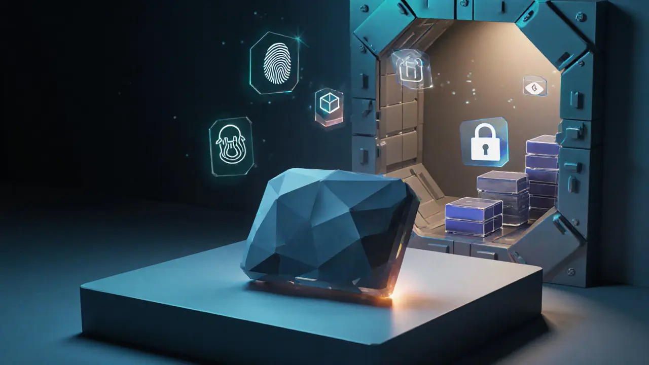 Low poly hardware wallet and vault door symbolizing Surface&#039;s security and certifications.