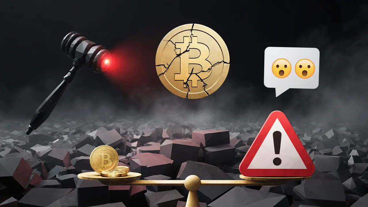 Low‑poly illustration of MOCHI risks: cracked token, gavel, warning scale.