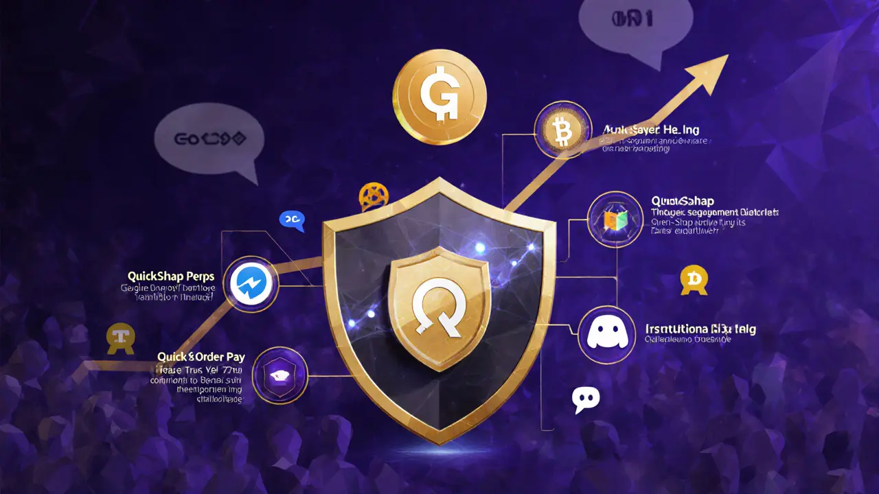 Low poly illustration of QuickSwap security shield, AI analytics, and future roadmap icons.