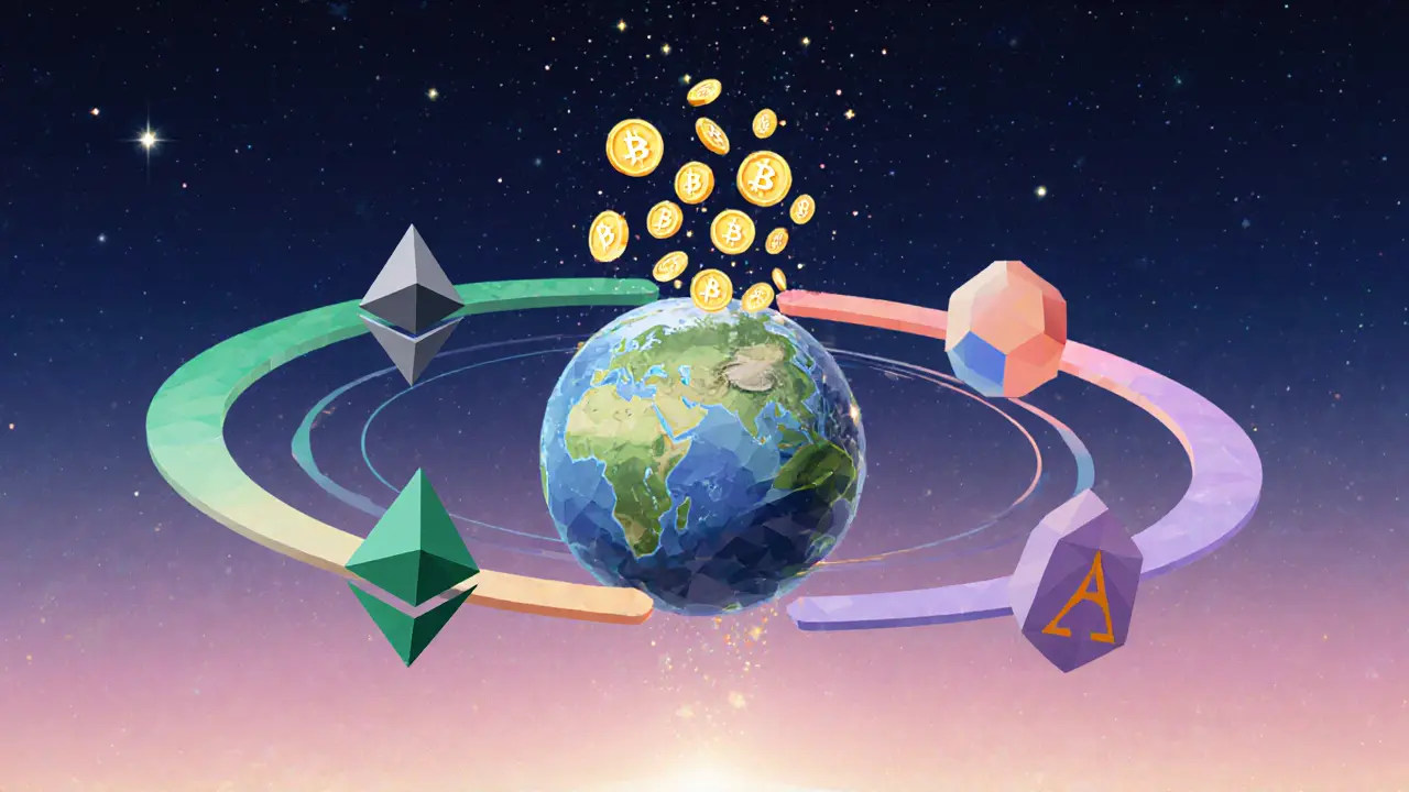 Low‑poly multi‑chain planets surrounded by orbiting ARKM tokens, suggesting future expansion.