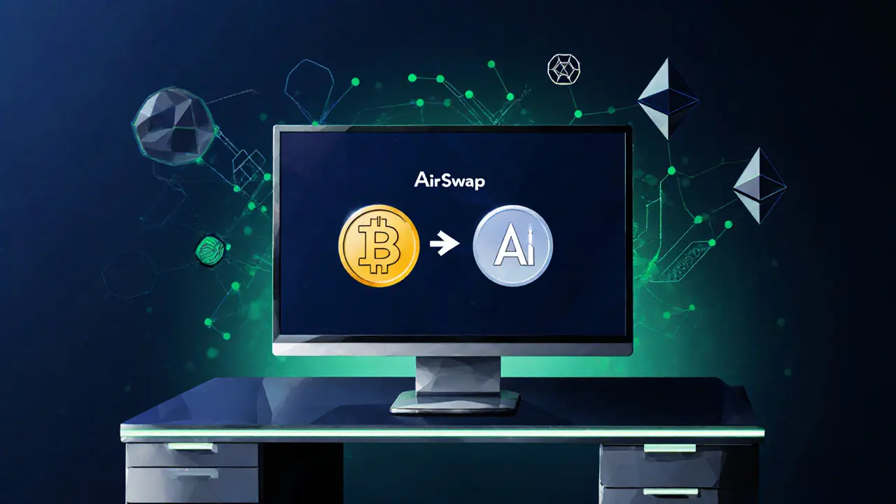 Low‑poly office scene of a 0k USDC‑to‑DAI swap across multiple blockchains.
