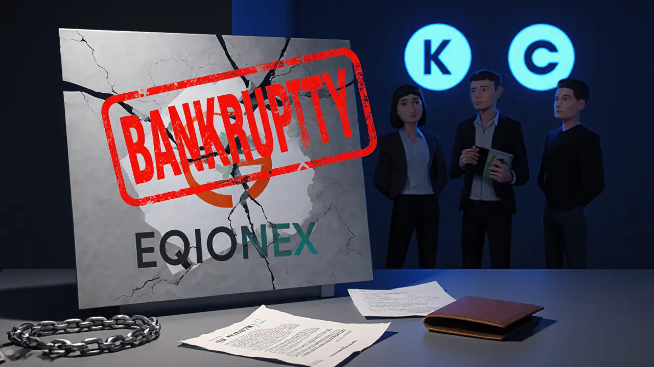 Low poly office with bankruptcy stamp, broken MAS exemption, and worried traders.