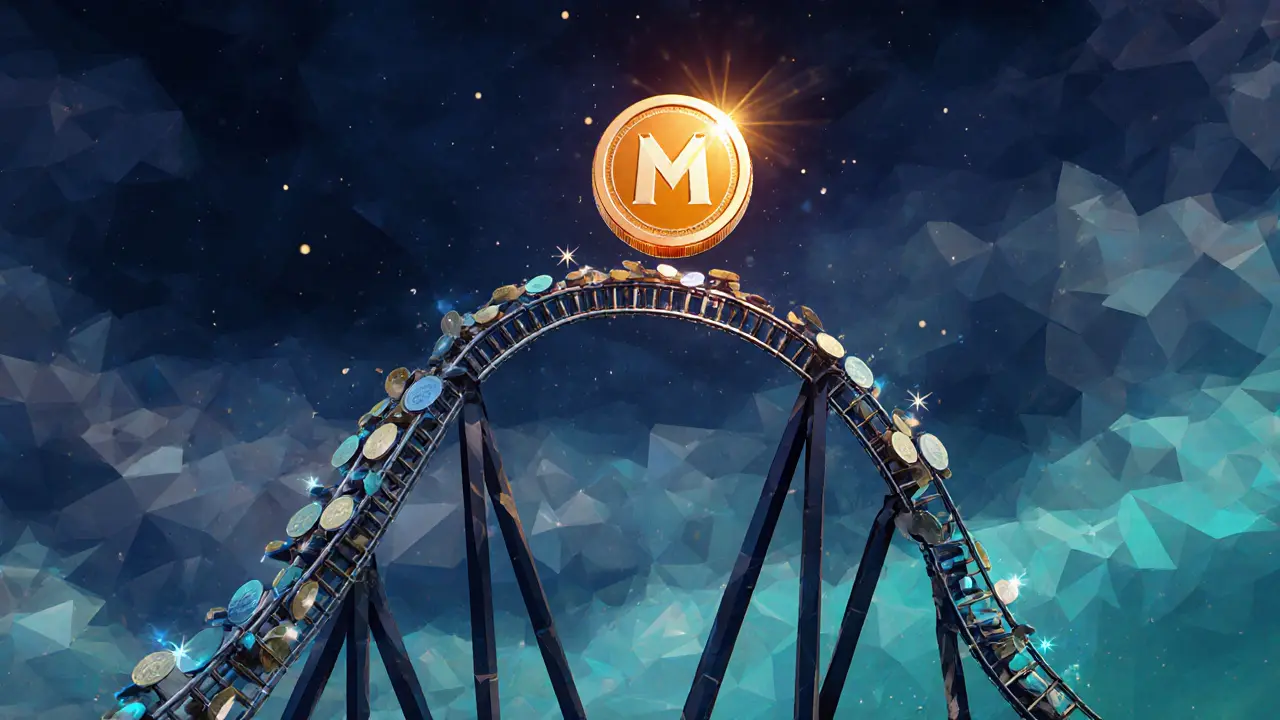 Low poly roller coaster of coins depicting volatile Merit token price swings.