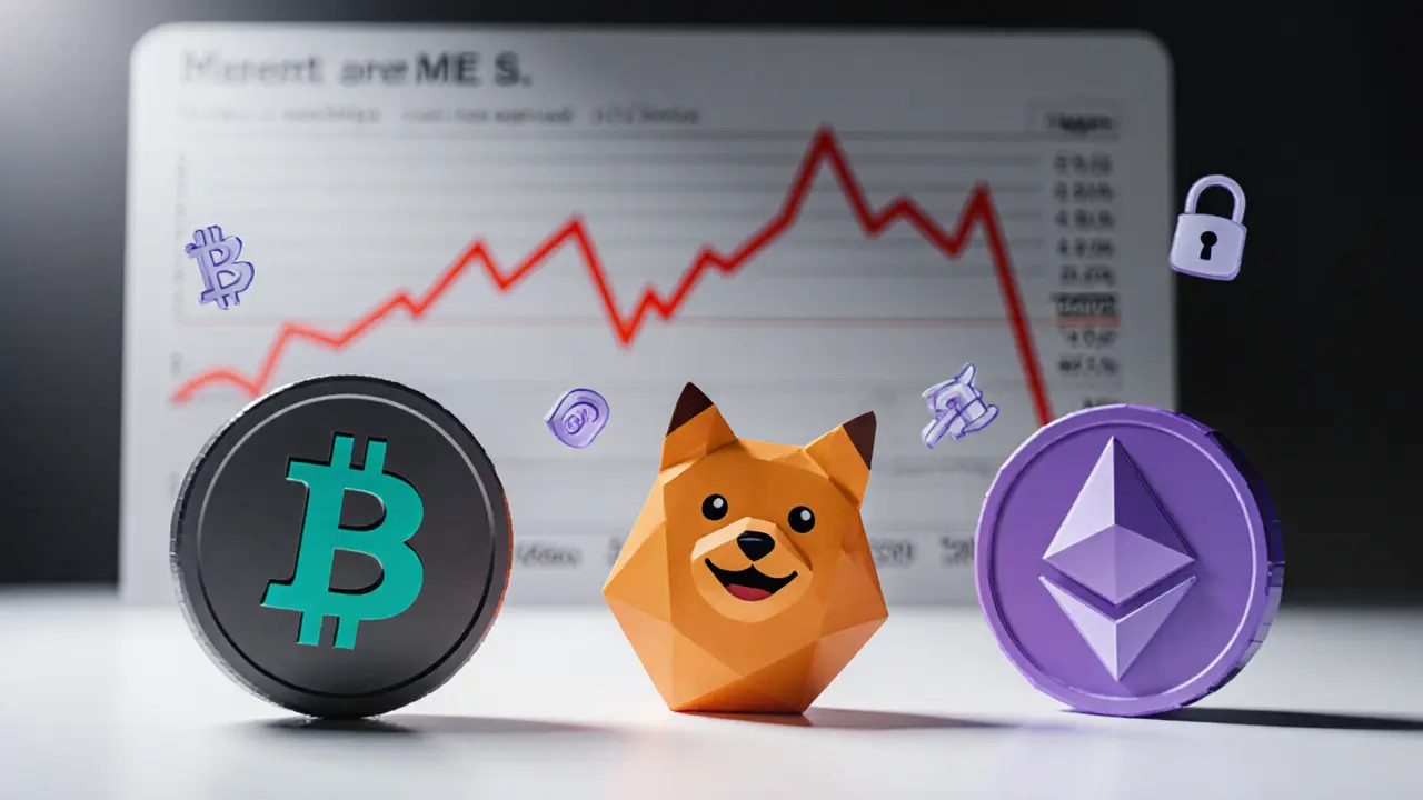 Low‑poly scene of MEME, DOGE, and SHIB coins on a table with a chart, regulator gavel, and lock symbols.