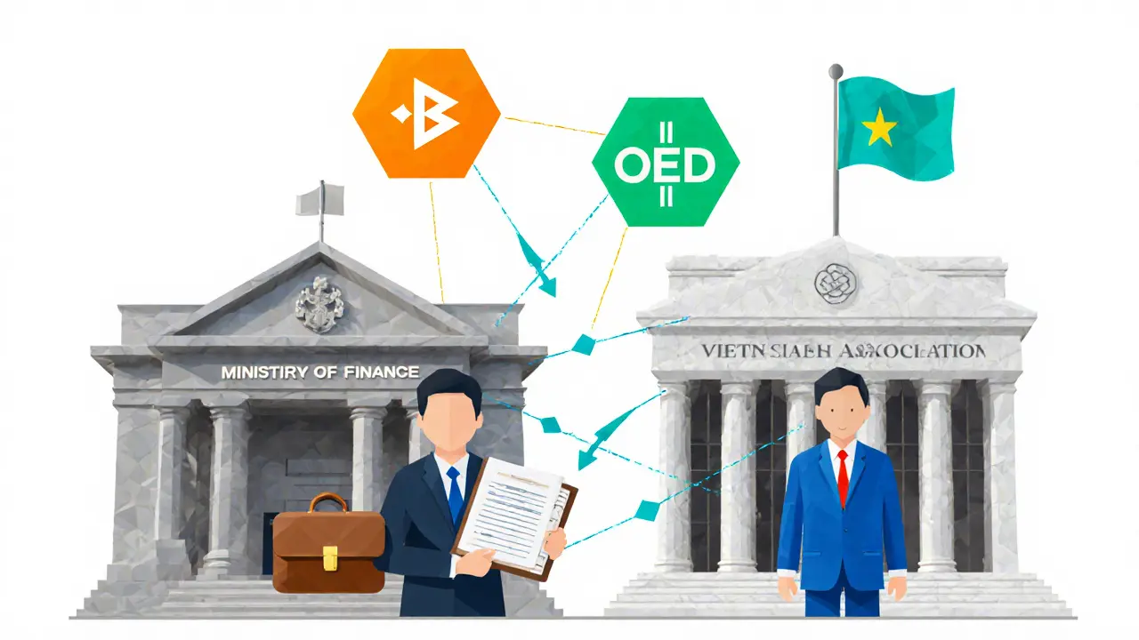 Low‑poly scene showing Ministry of Finance, Tax Department, Binance, blockchain association, scholar and OECD flag connected by arrows.