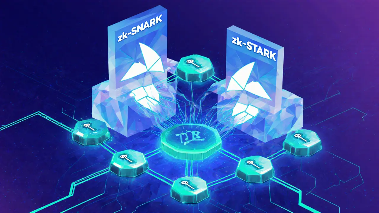 Low‑poly scene showing zk‑SNARK and zk‑STARK prisms, lattice crystal, and DID network nodes.
