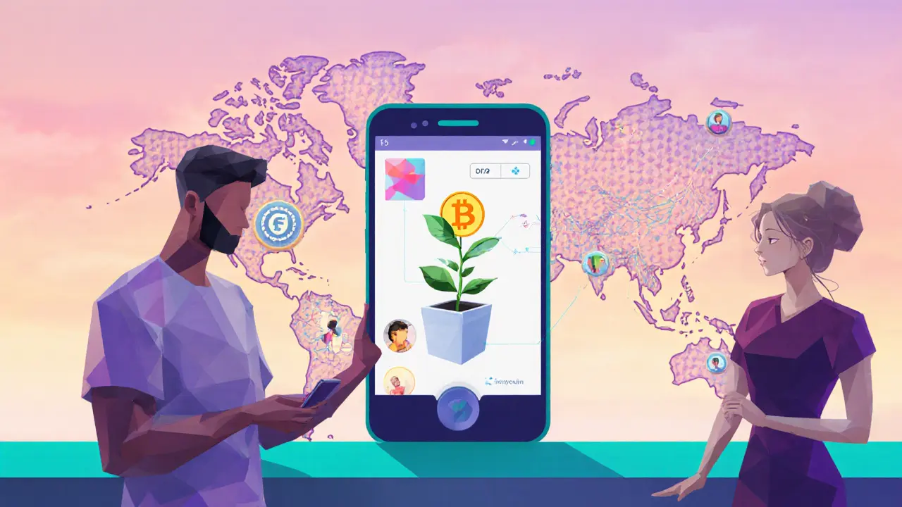 Low poly smartphone displaying staking, NFT purchase, and copy‑trading on Surface app.