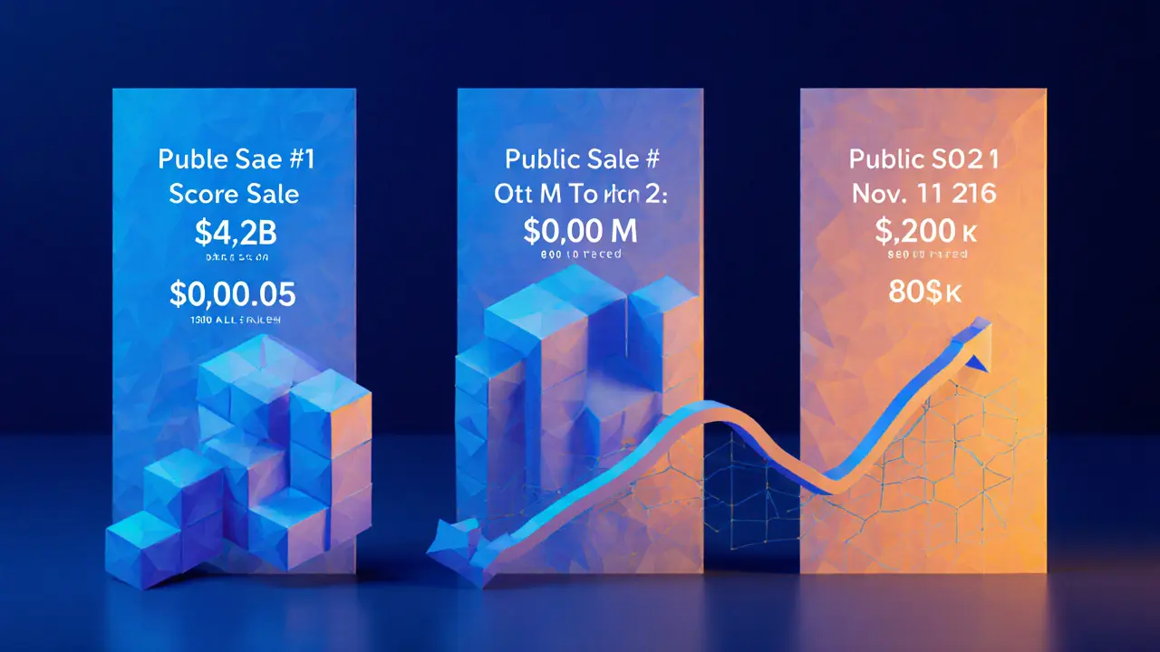 Low‑poly timeline panels for private and public sales with a line graph of price growth.