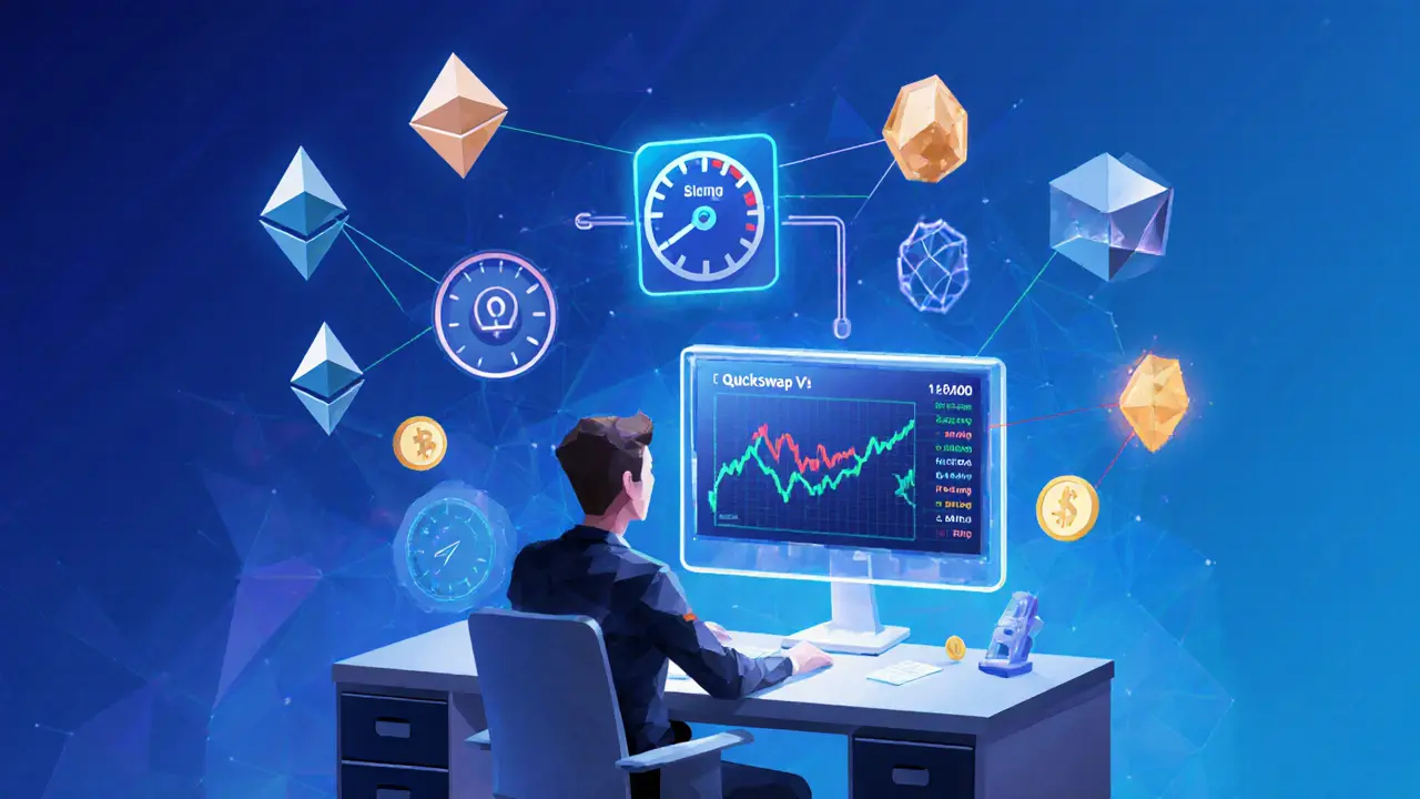 Low poly trader at a desk monitoring QuickSwap speed, gas fee <h2>Security, Audits, and Governance</h2>.01, and multi‑chain bridge icons.