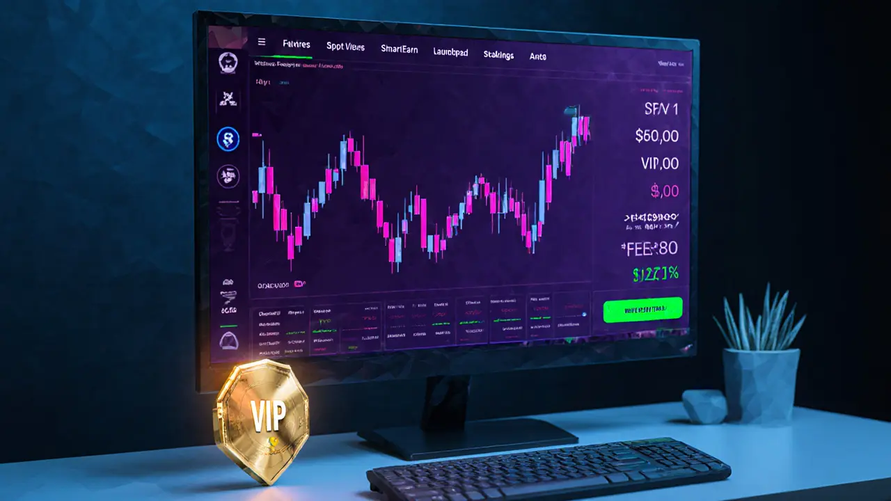 Low‑poly trading dashboard with candlestick charts, product icons, and a golden VIP badge.