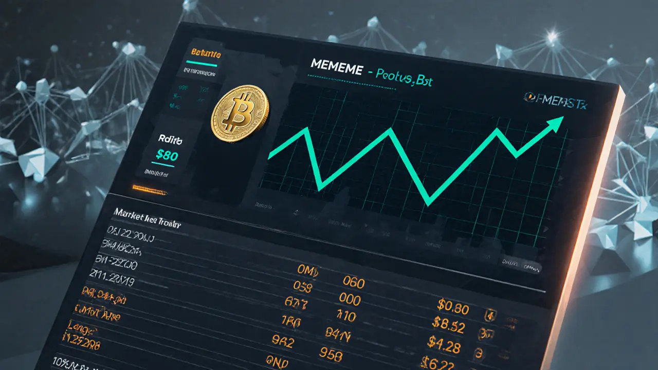 Low‑poly UniSat DEX interface showing MEME/BTC price chart, sparse order book, and Bitcoin node background.