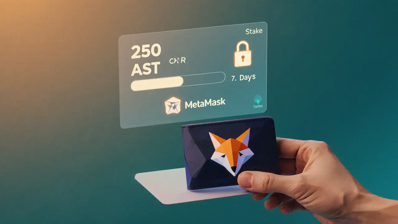 Low‑poly user interface with wallet and staking panel for 250 AST tokens.