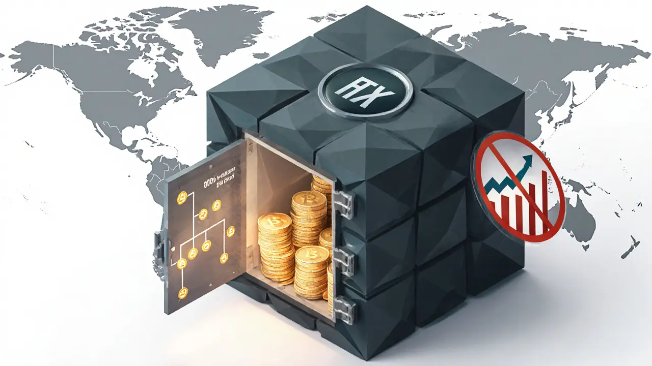 Low‑poly vault with shield, floating coins, Merkle tree, and map showing restricted regions.
