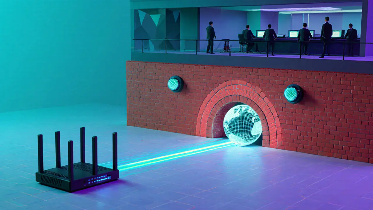 Low‑poly visualization of a VPN tunnel confronting the Great Firewall sensors.