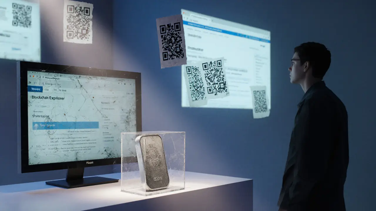 Museum exhibit displaying a forgotten PlatinumBAR token as a crypto relic.