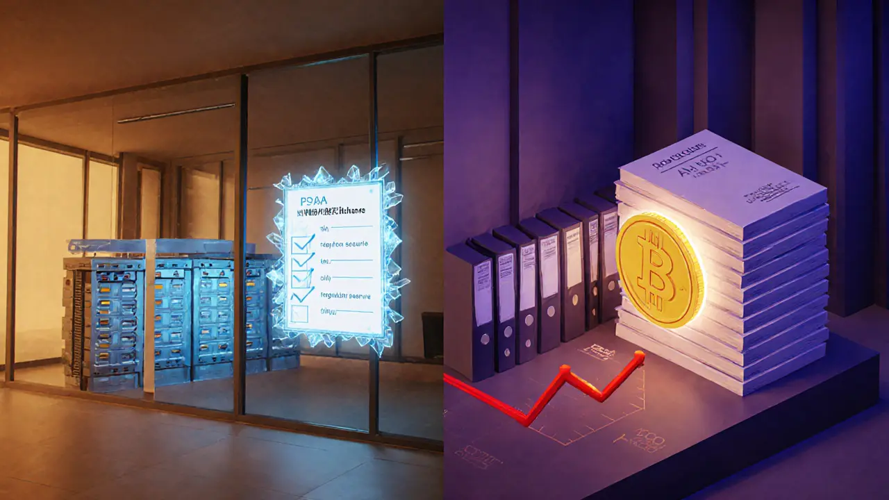 Split low‑poly scene showing PSA exchange office and FIEA securities hall.