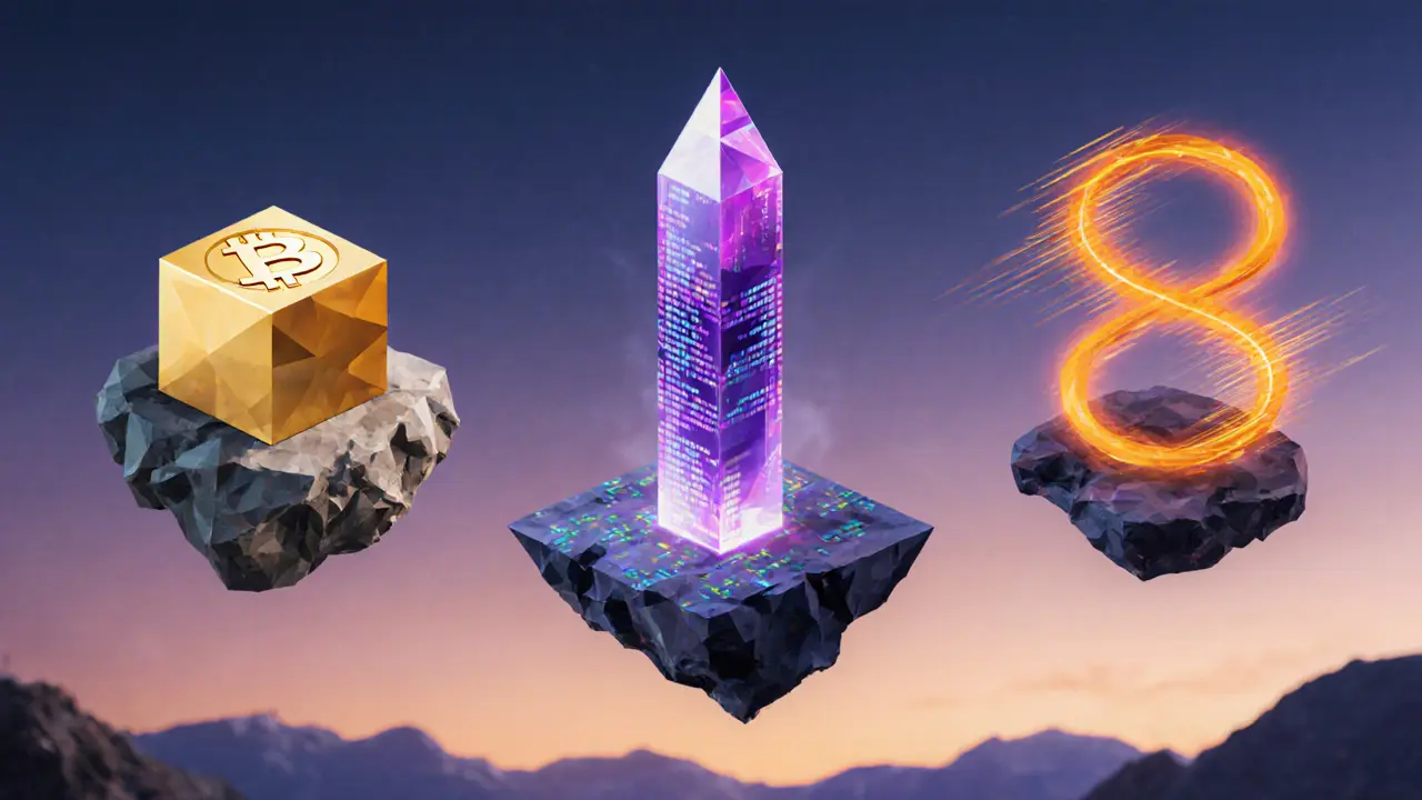 Three low-poly blockchain icons—Bitcoin, Ethereum, Solana—on floating platforms with contrasting styles.