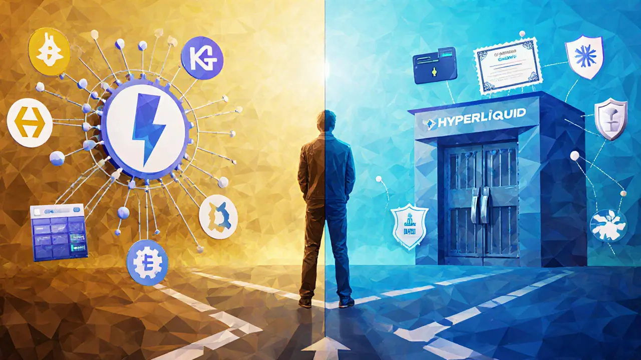 Trader choosing between fast Hyperliquid trading and secure traditional exchanges.