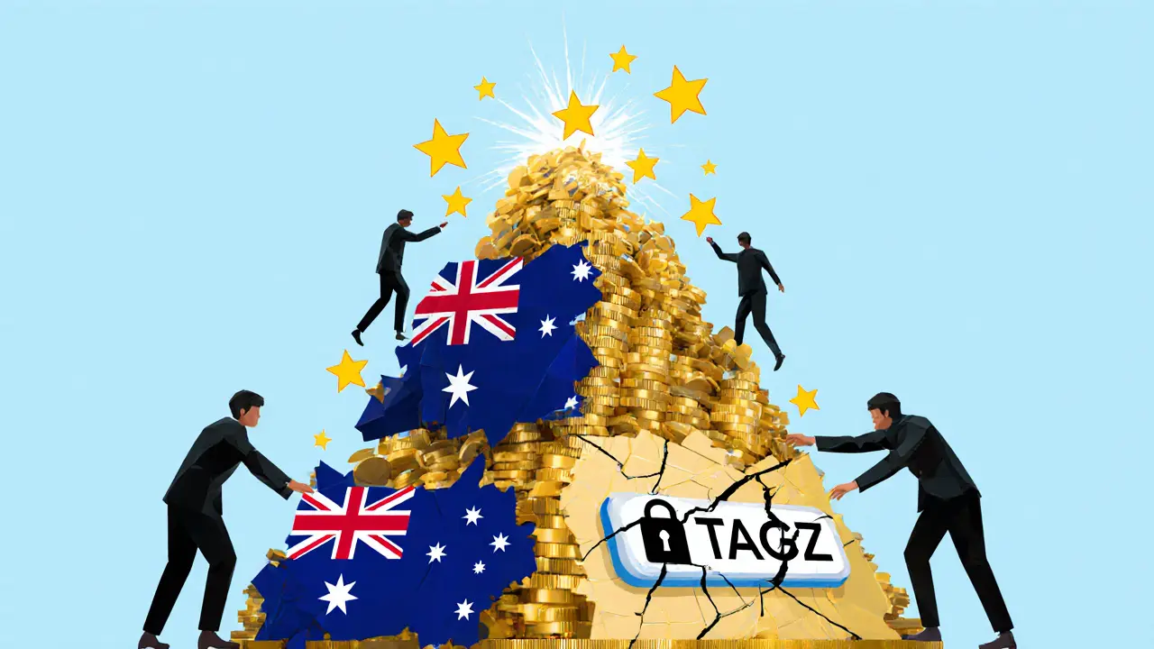 A collapsing pyramid of fake reviews and coins with a user reaching for a locked withdrawal.